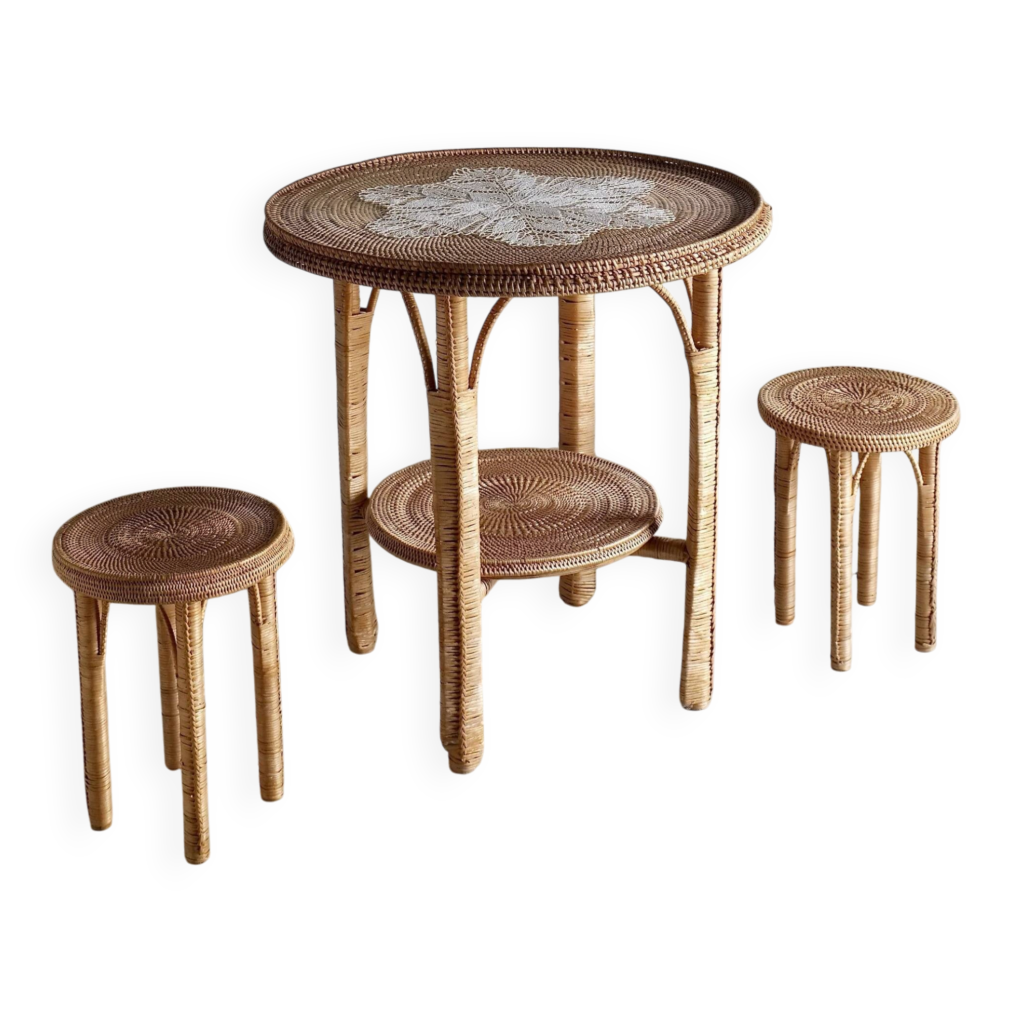 Vintage woven wicker table set | 1980s