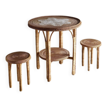 Vintage woven wicker table set | 1980s