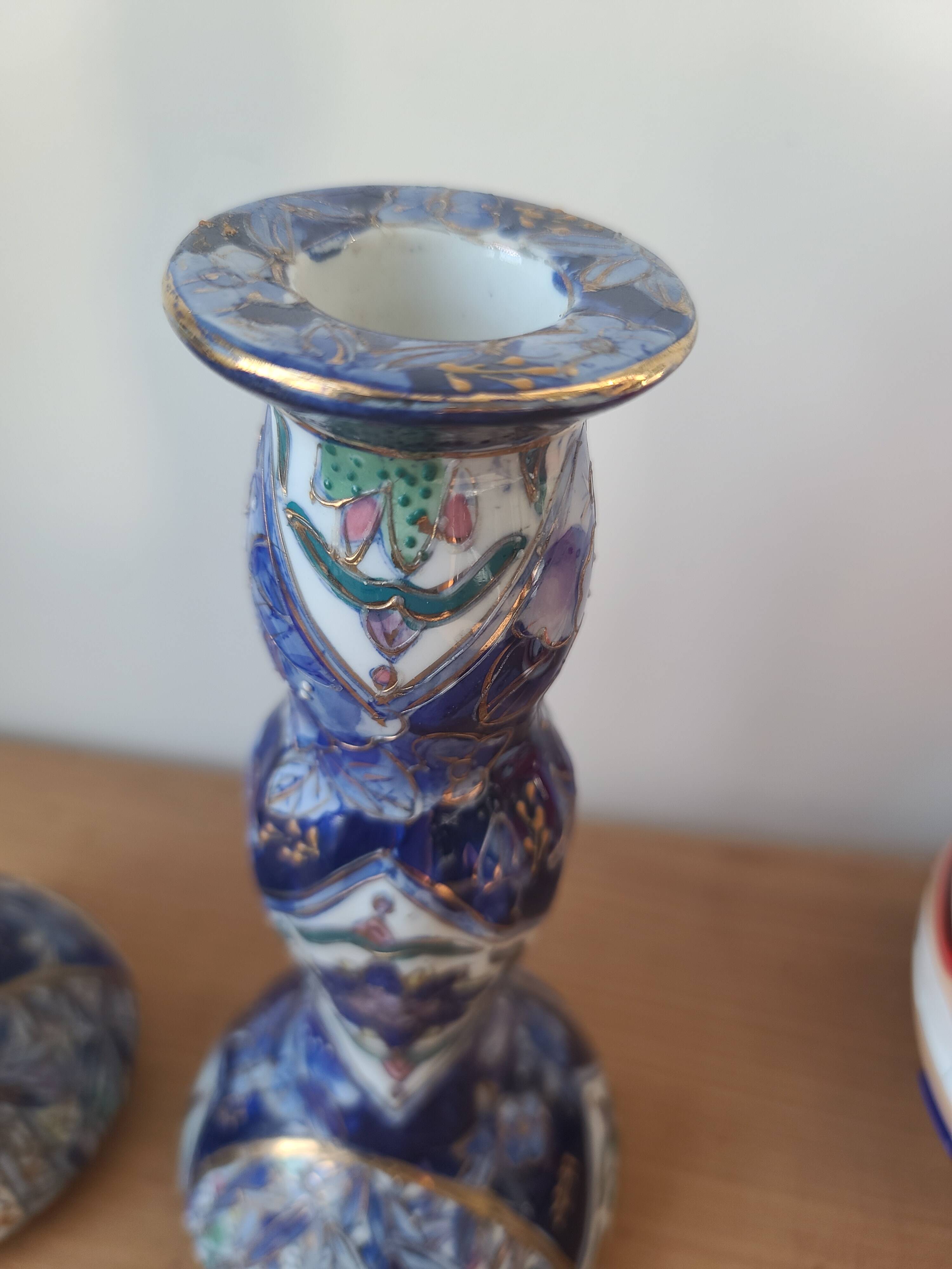 Vintage-style blue and gold floral ceramic candlesticks CHMR