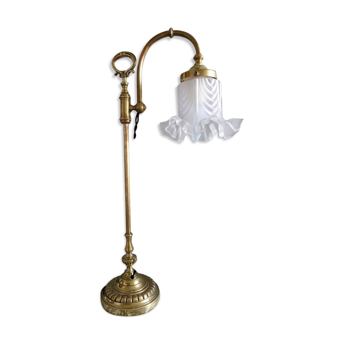Adjustable brass desk lamp with frosted glass tulip