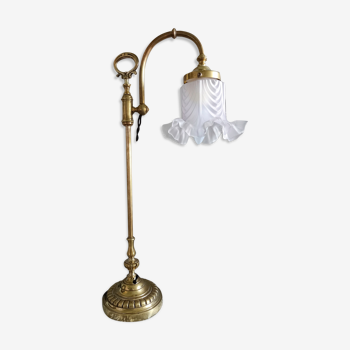 Adjustable brass desk lamp with frosted glass tulip
