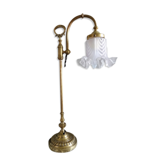 Adjustable brass desk lamp with frosted glass tulip