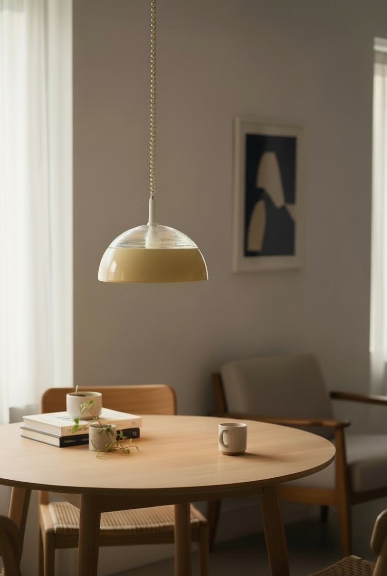 Supenspension space-age en verre holophane et métal laqué années 70.