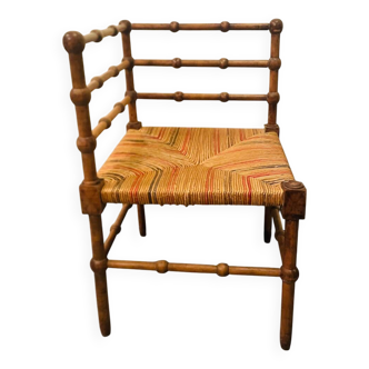 Vintage Art Deco wood and straw corner chair, 1930s