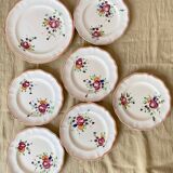 6 Plates and Dish with painted flowers Manufacture de Longchamp Model Monaco 1960s