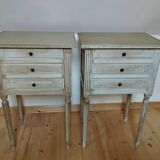 Pair of patinated bedside tables. Three drawers. End tables.