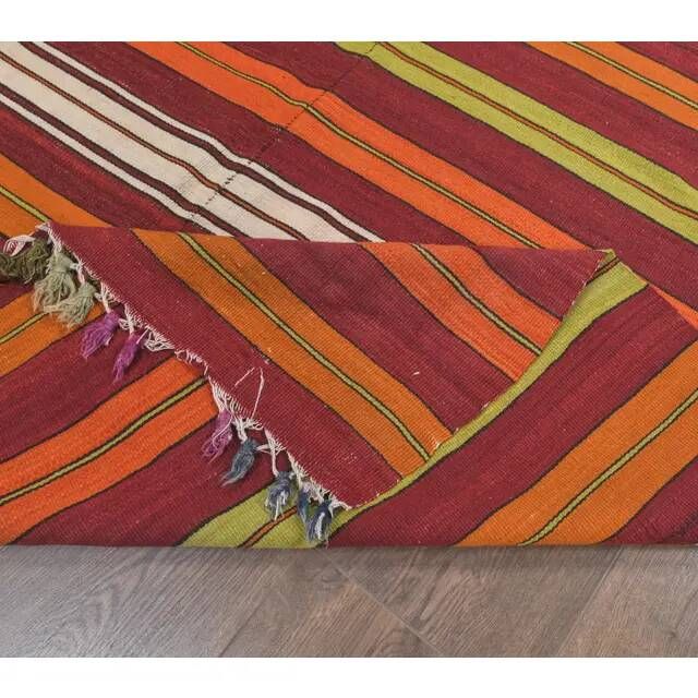 1970s Turkish Hand-Knotted Wool Kilim Flatweave Striped Rug 134x252