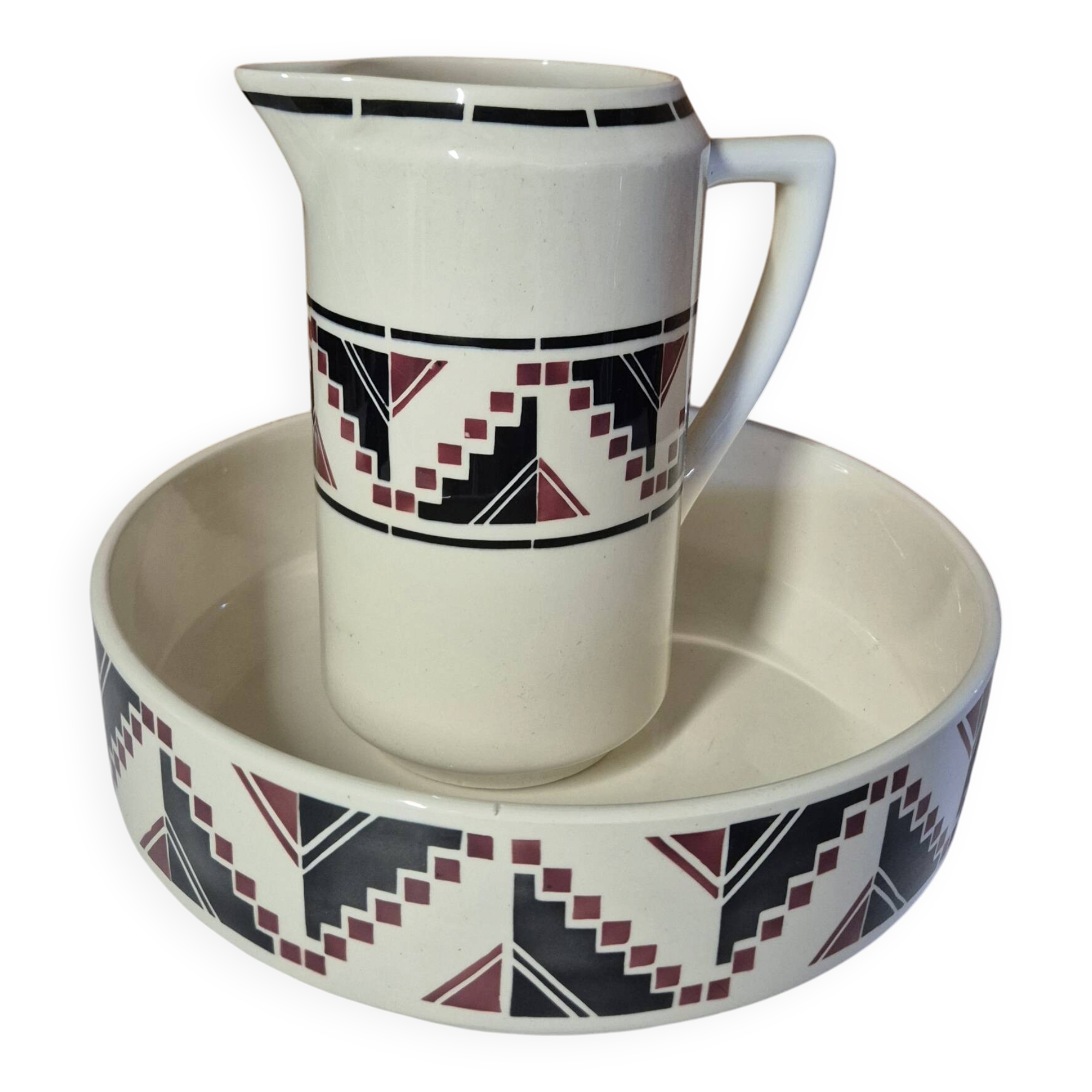 Antique toilet set Badonviller grenade ceramic geometric pattern
