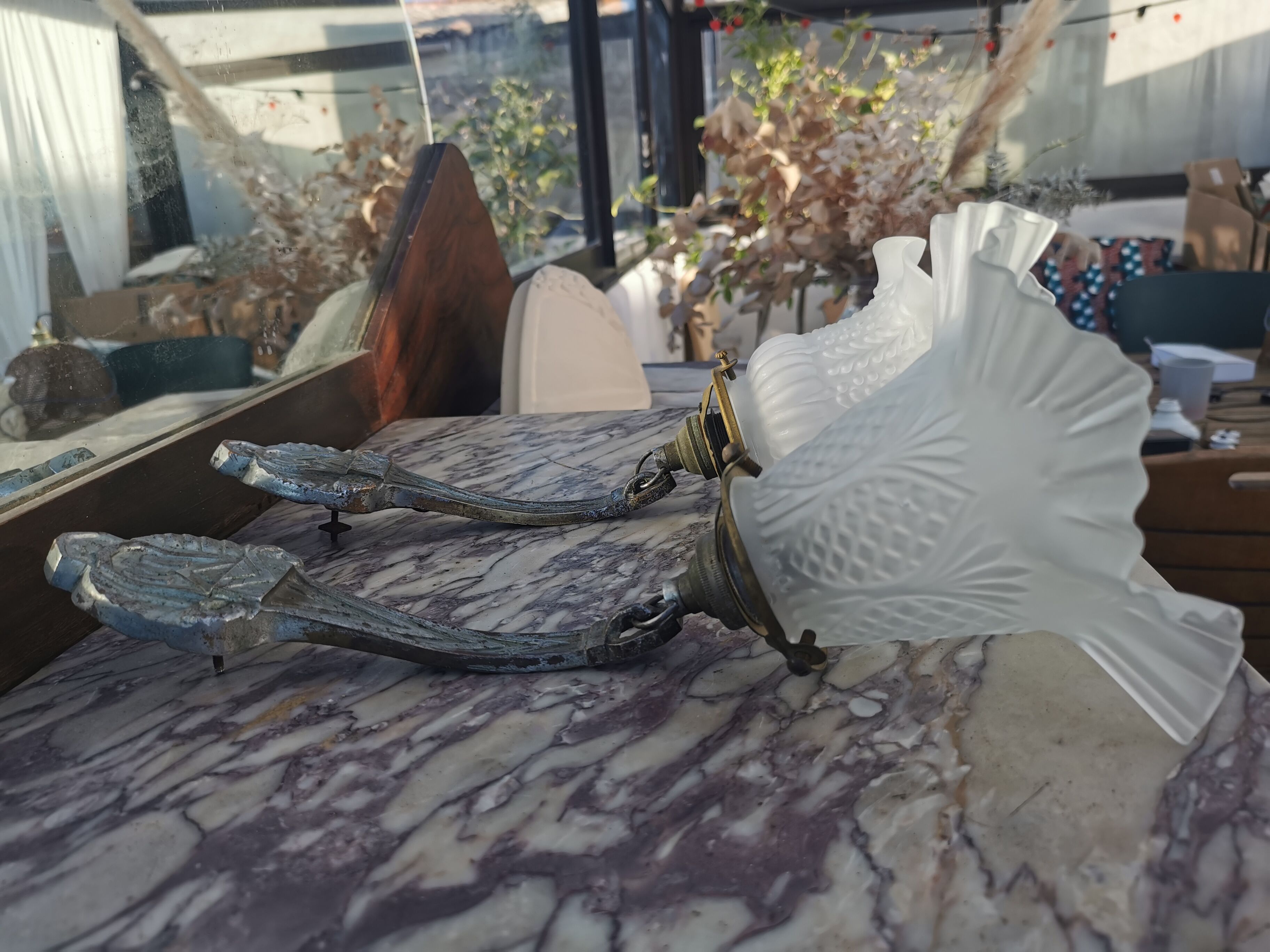 Pair of Art Deco wall lamps glass and metal