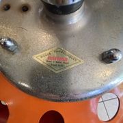 Orange tractor stool, pivoting adjustable mower, Fermigier Mirima 70.