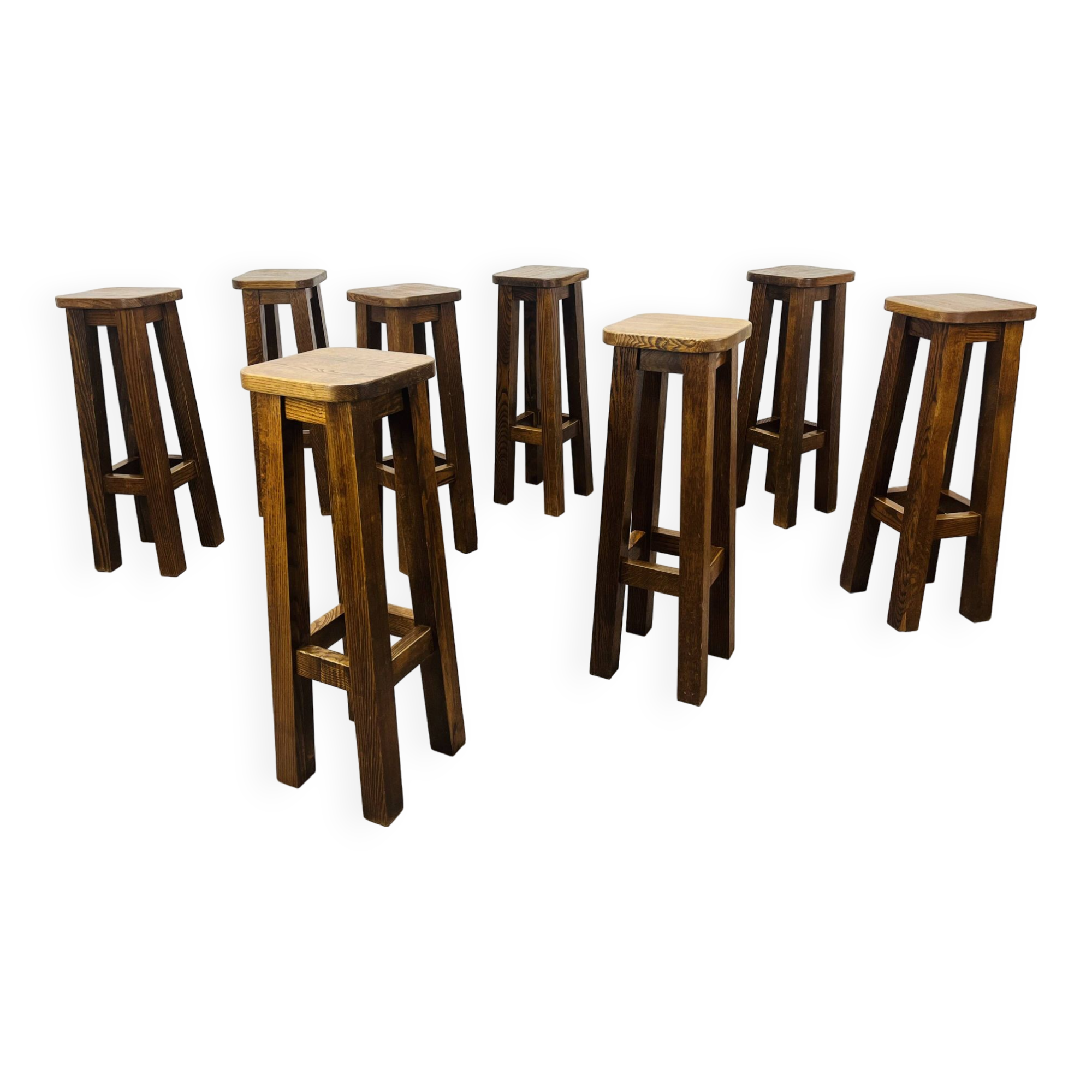 8 solid wood bar stools in brutalist style