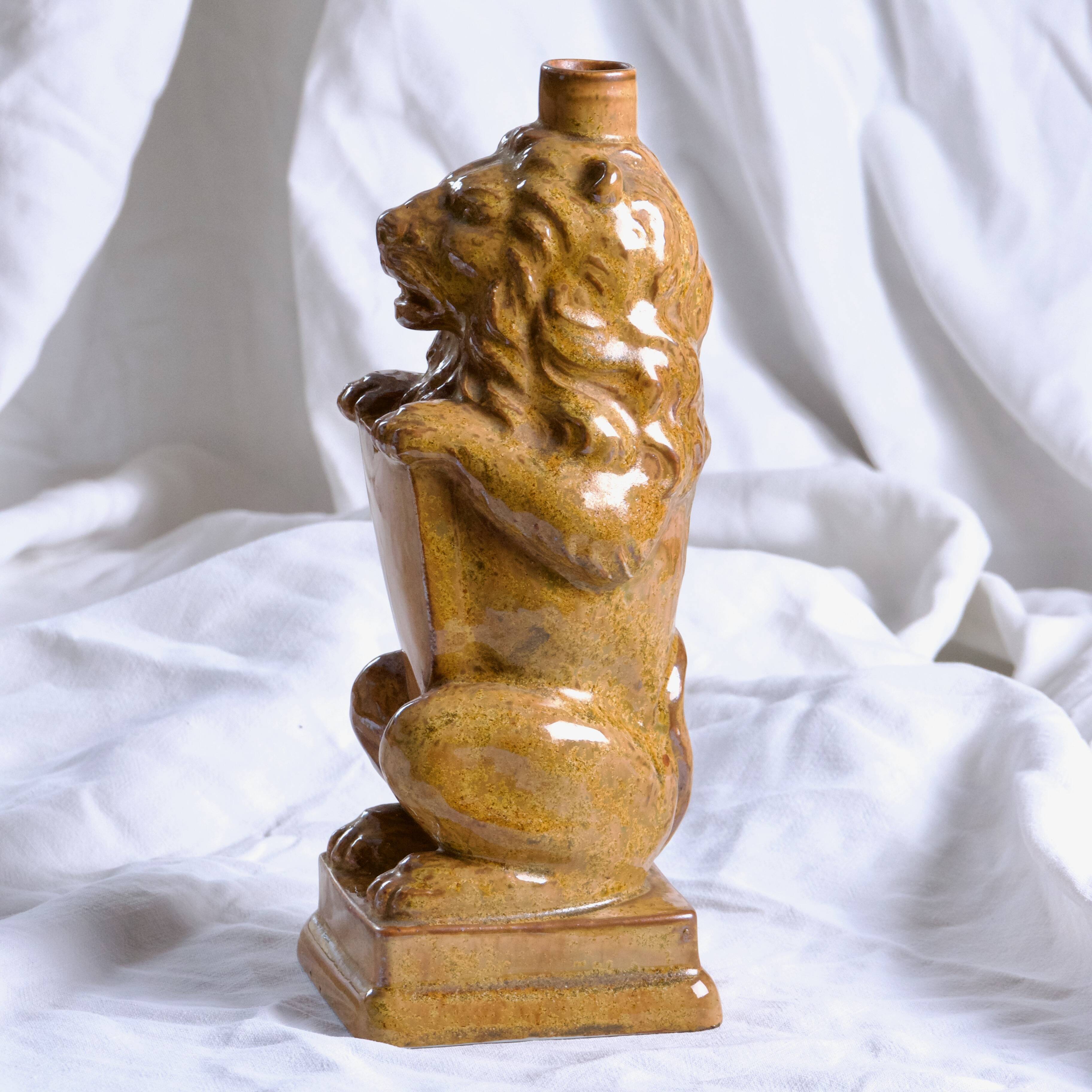 Vase - Antique zoomorphic lion bottle in enamelled stoneware signed Gps