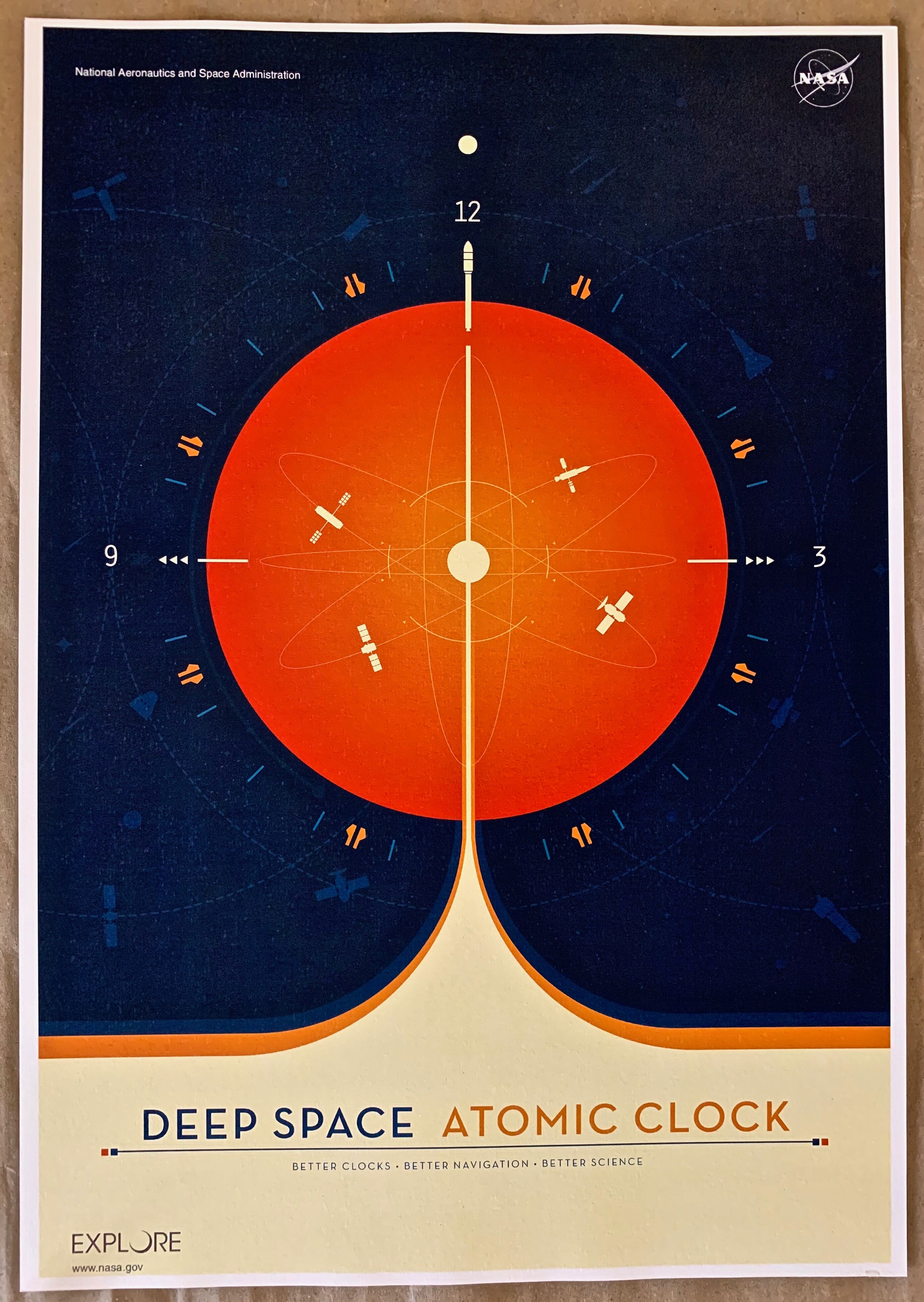 Impression lithographique deep space atomic clock orange de l'espace profond orange