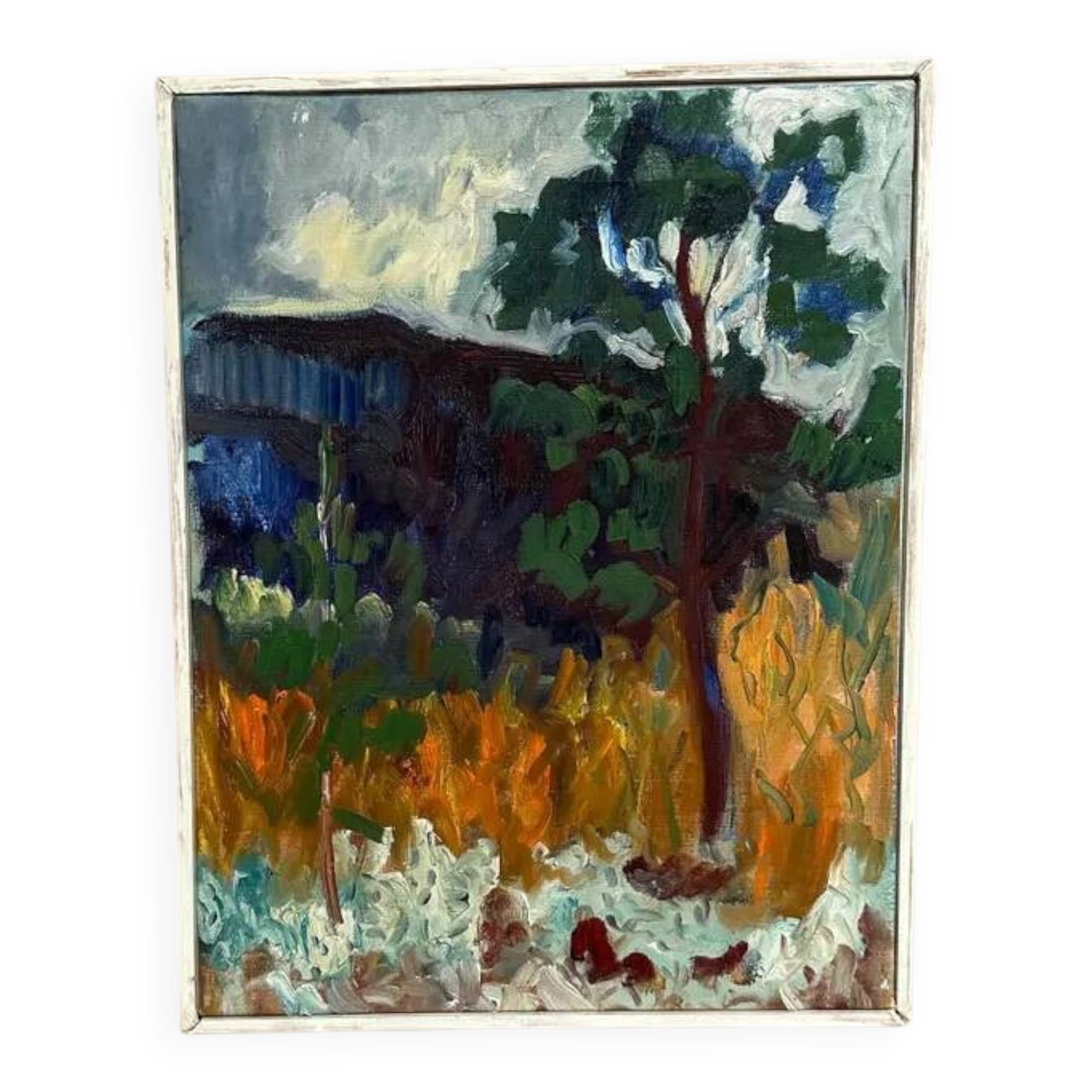 Original Swedish Oil on Canvas – "Tree in a Landscape", Unknown Artist – Vintage and Framed – 33 × 28 cm (12.9" × 11")