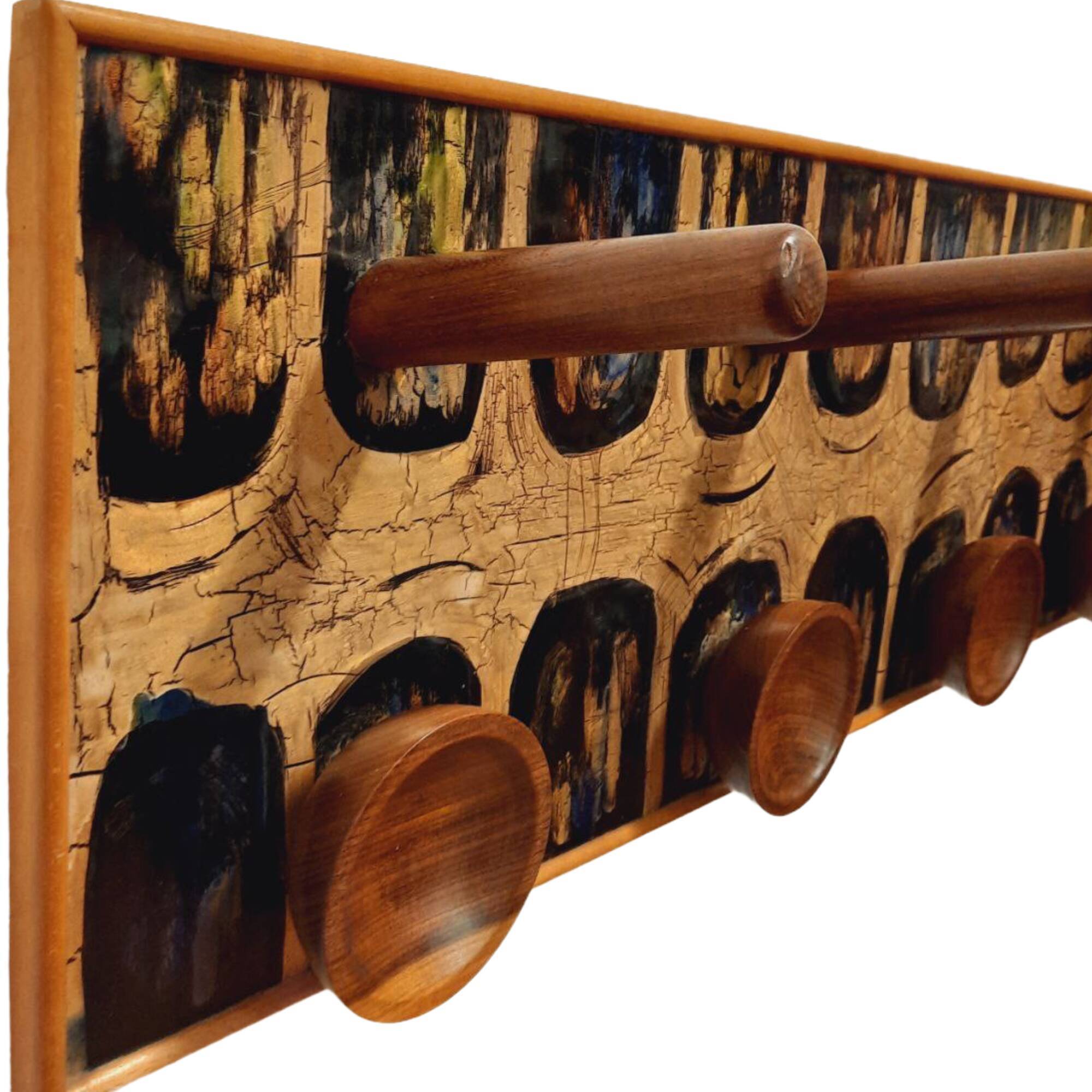 Vintage wooden coat hangers and glazed copper