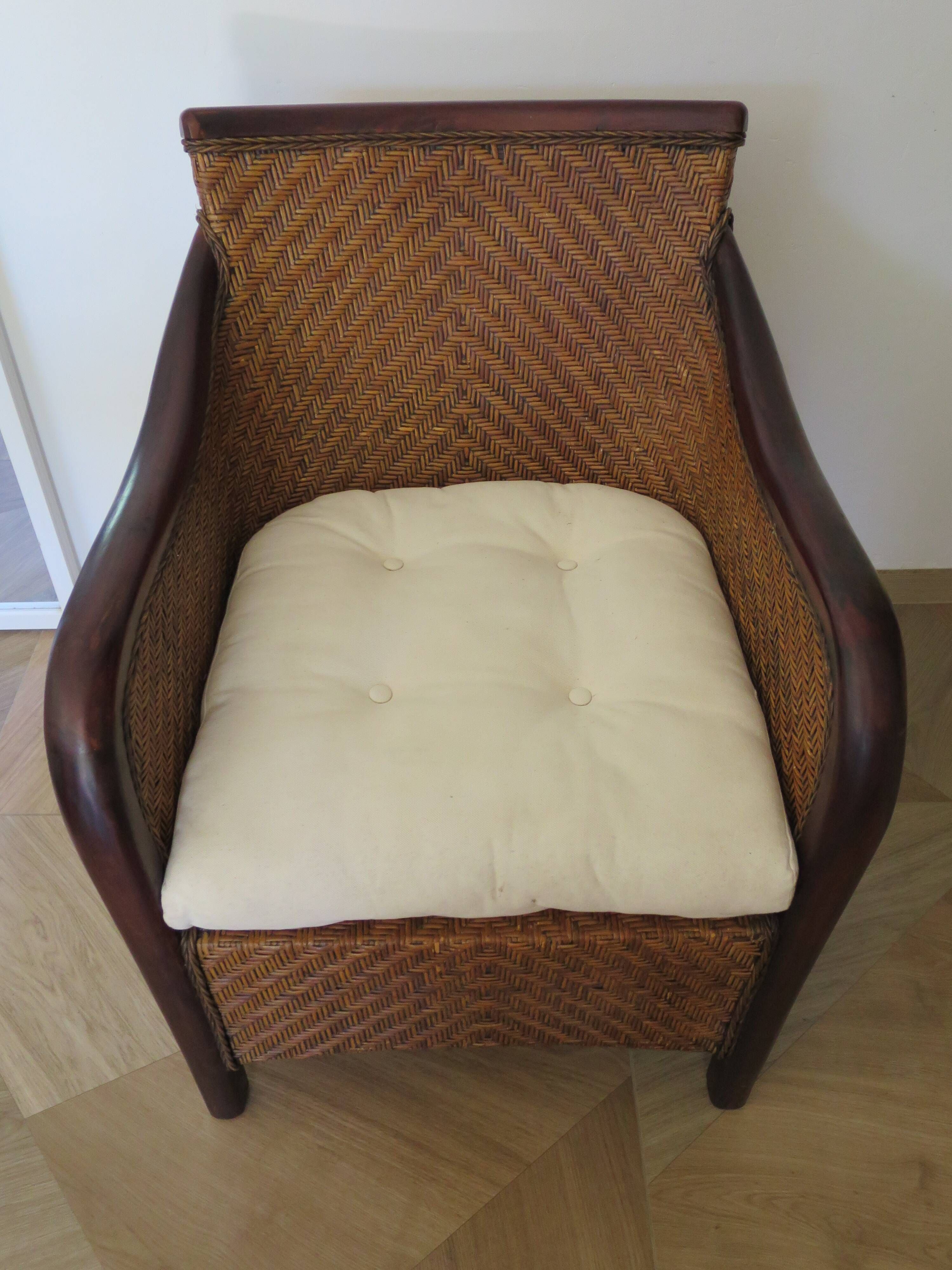 Colonial style armchair - woven rattan and exotic wood - vintage