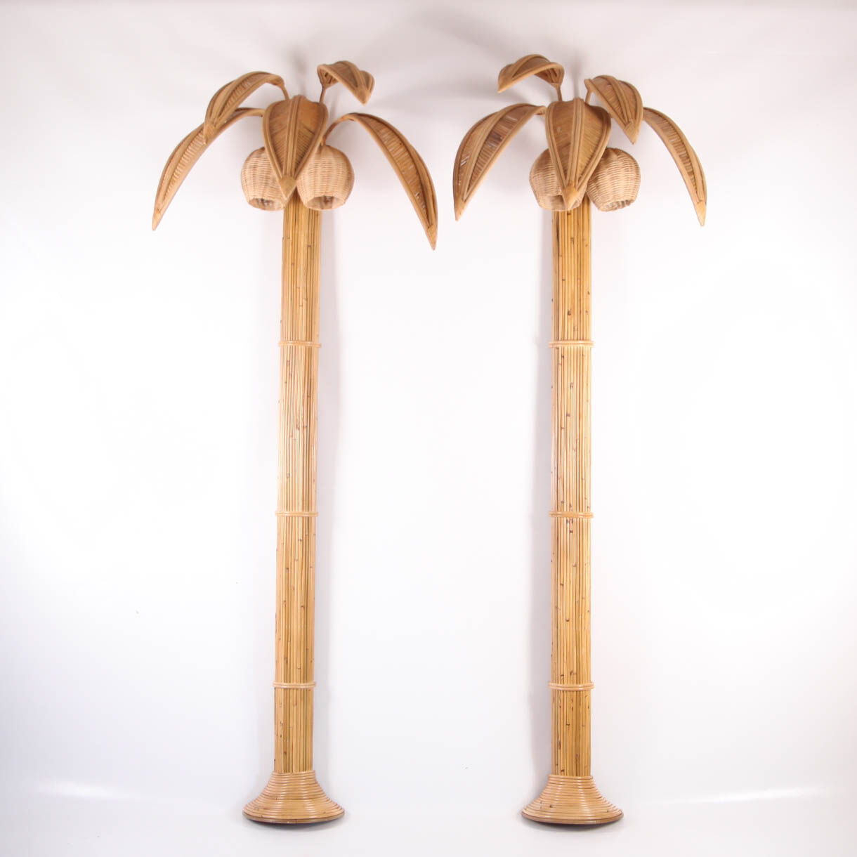 Pair of coconut tree sconces, rattan palm tree