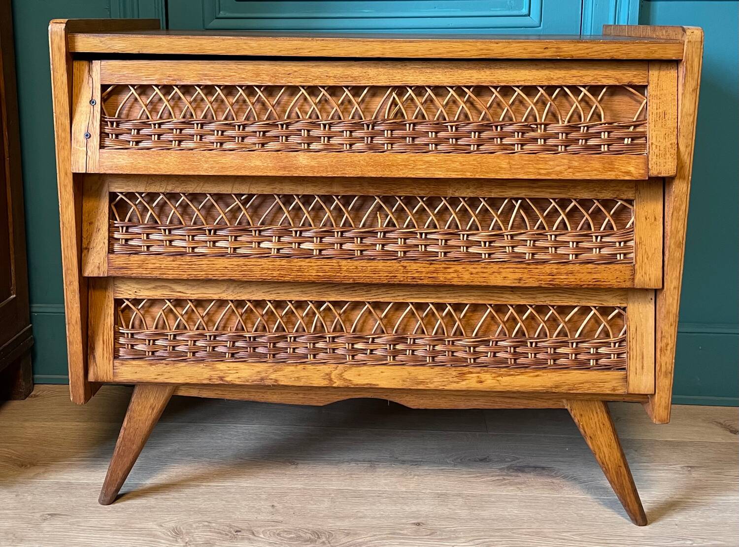 Commode vintage bois et rotin