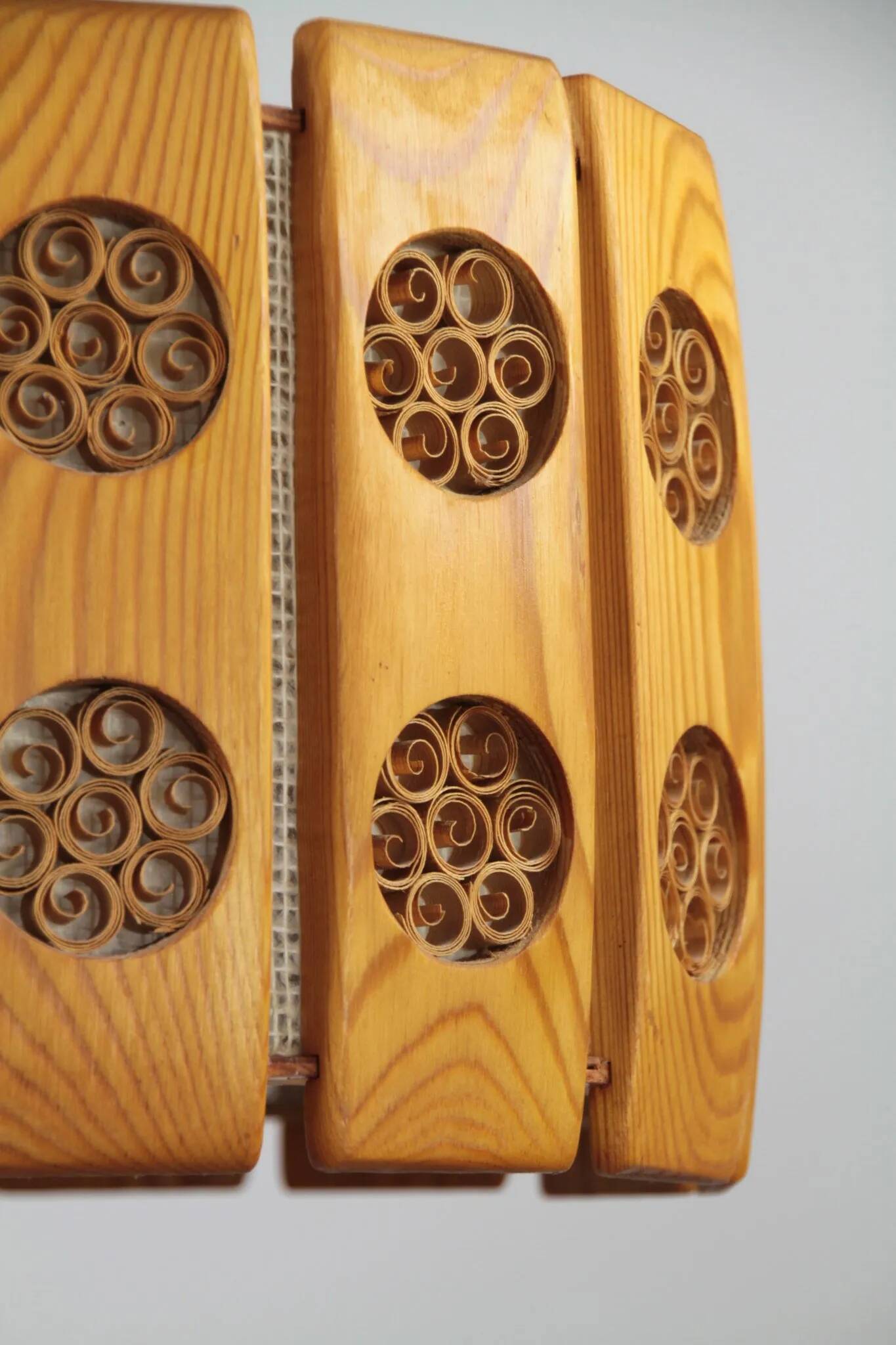 Pine Pendant Lamp with Rolled Wood Curl Rosettes – Sweden, 1970s