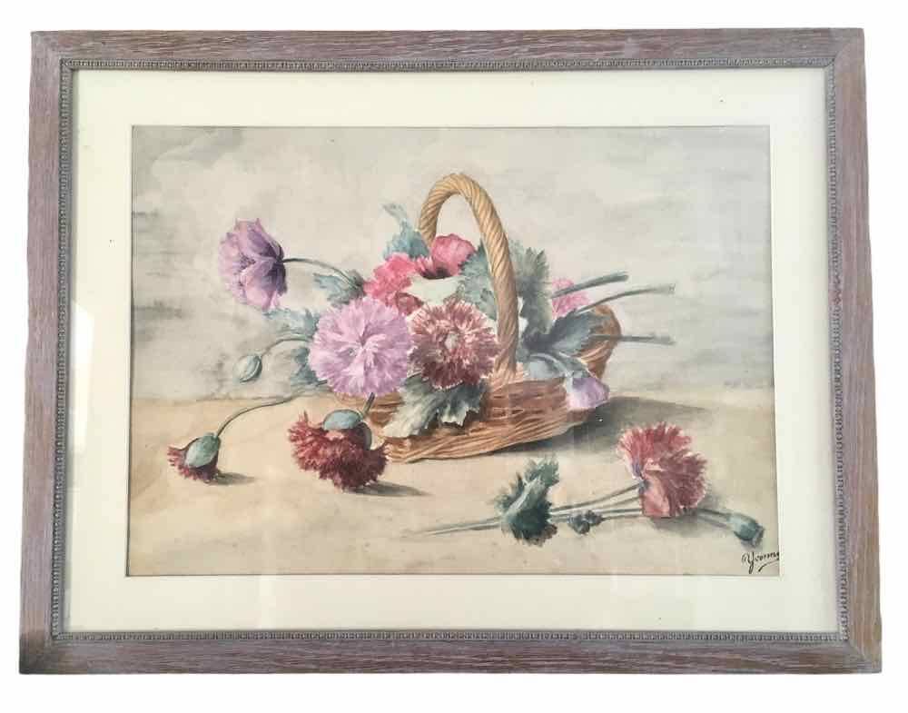 Watercolor painting basket of peonies
