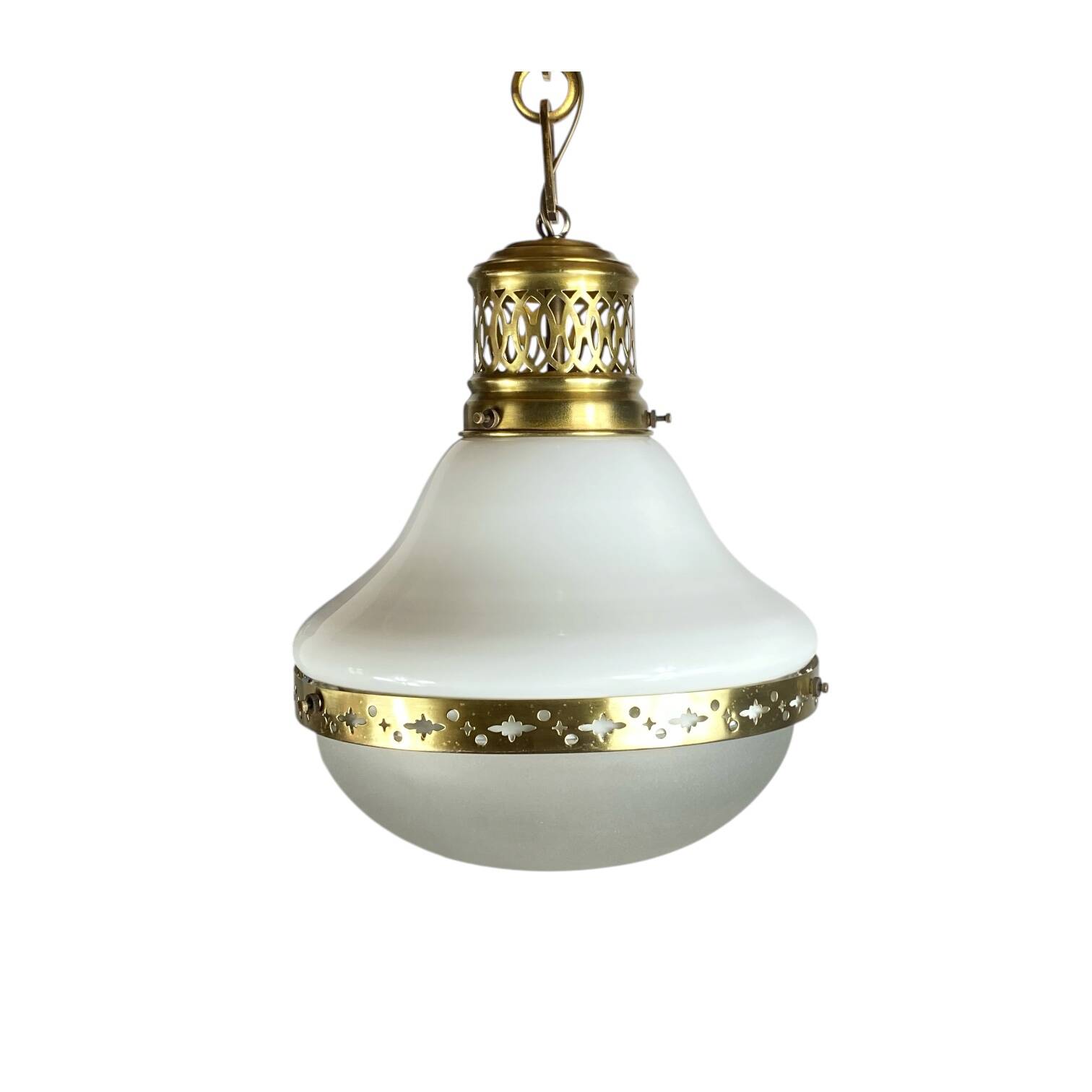 Suspension in white opaline glass and brass 1920 with a gilded brass chain.