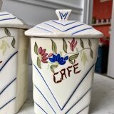 Trio of antique hand-painted ceramic pots (flour, sugar, coffee)