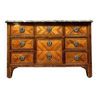 France XVIIIeme : commode époque Louis XVI en marqueterie de bois nobles