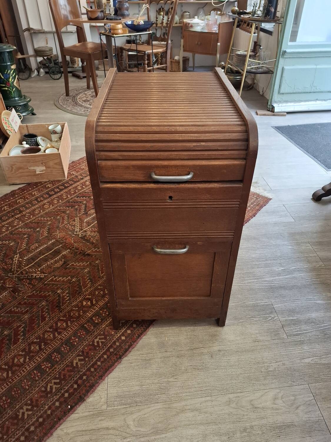 Cartonier filing cabinet with curtain in solid oak 1930