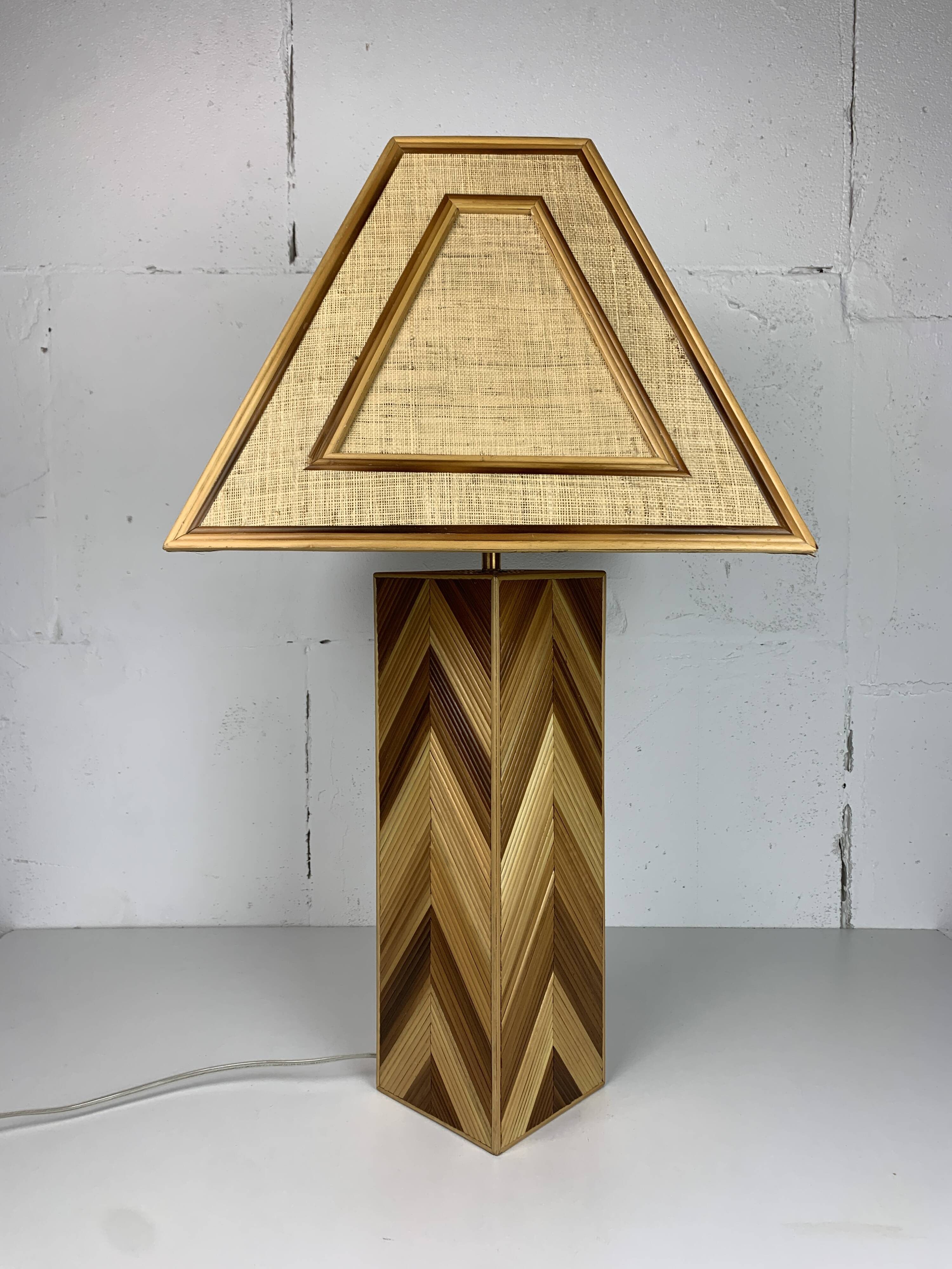 Midcentury pencil reed rattan bamboo and brass table lamp, 1970s