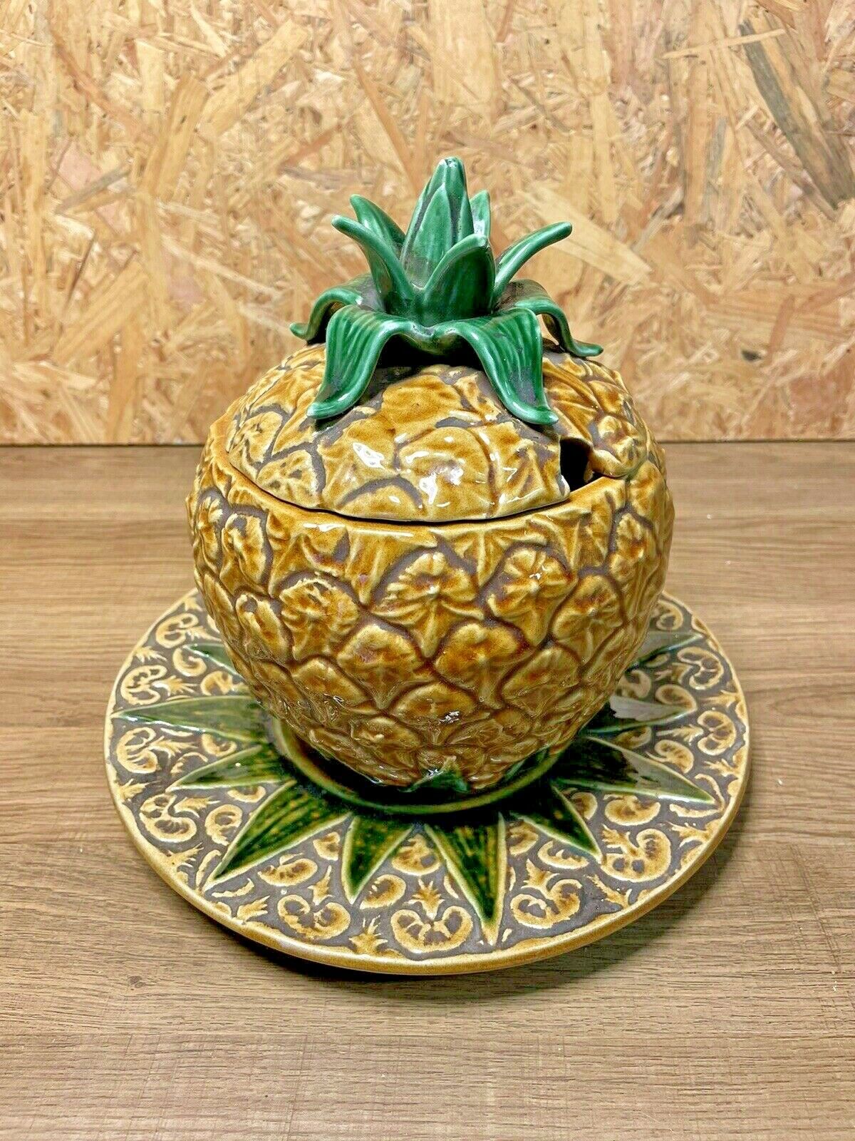 Barbotine ananas vintage ensemble pot et plat, deco exotique