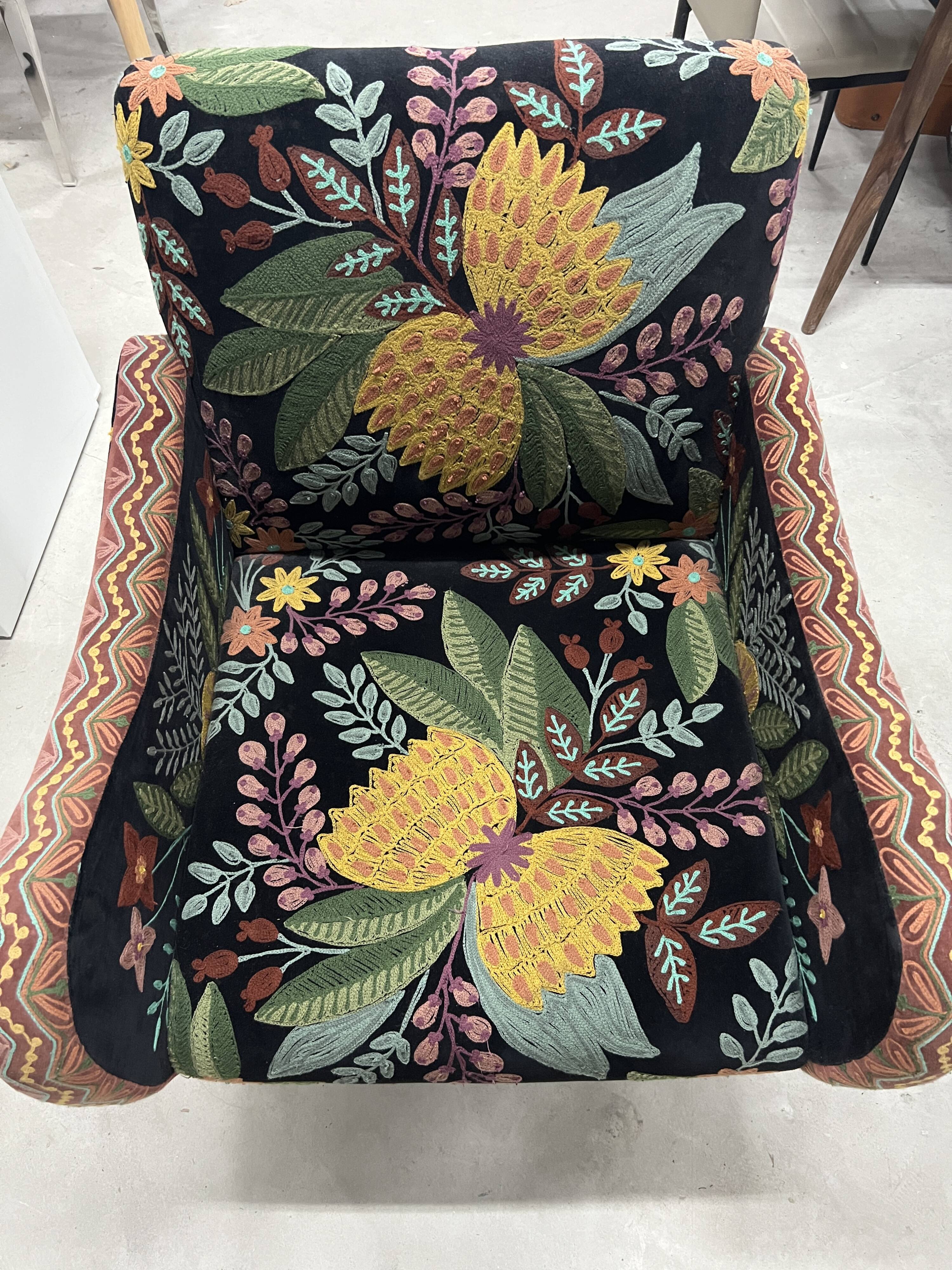 British style armchair in embroidered black velvet and legs in solid black mango tree