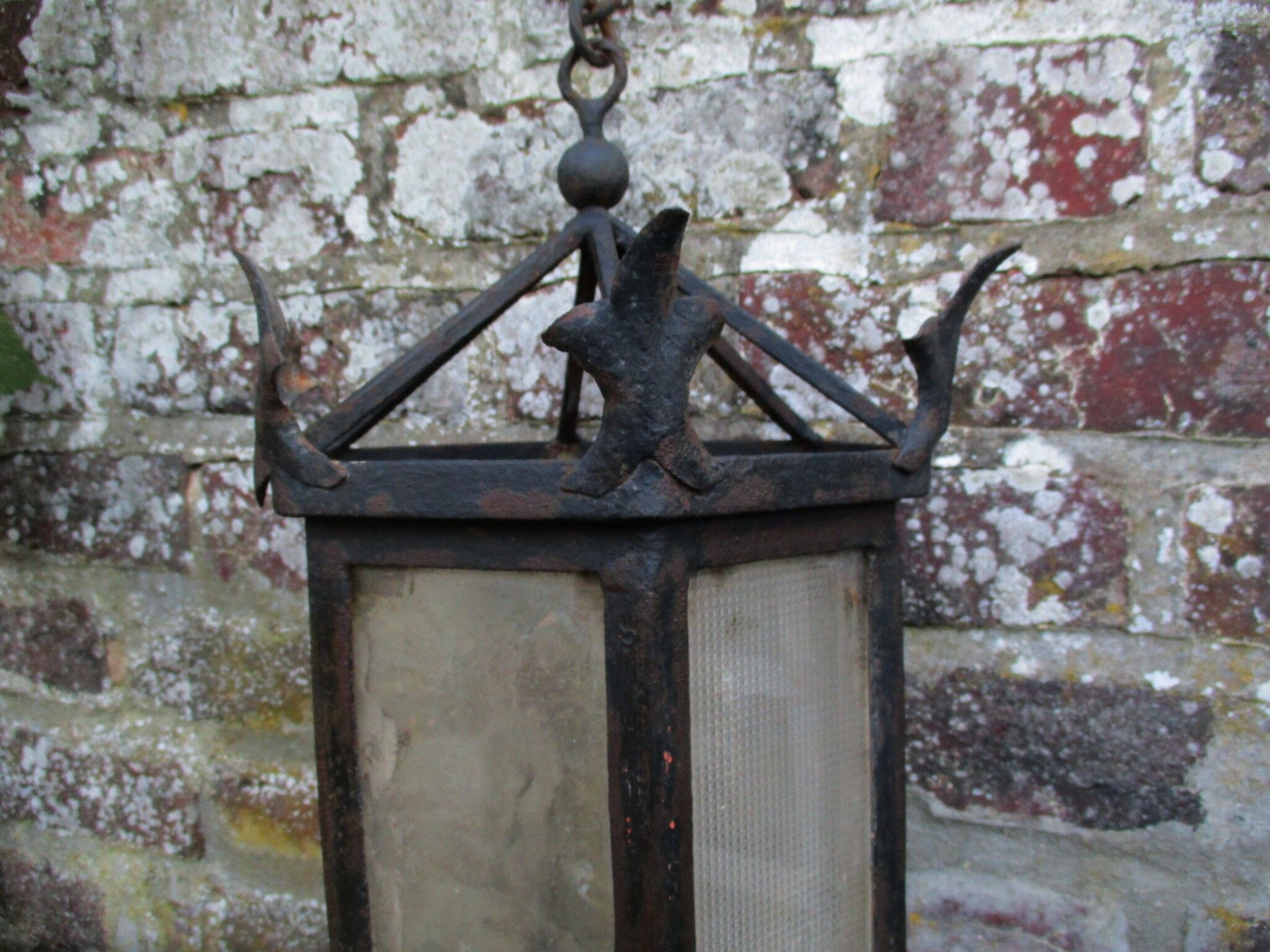 ancient hexagonal wrought iron lantern, decoration lily flowers- 19th century