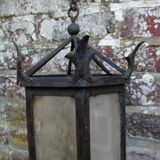 ancient hexagonal wrought iron lantern, decoration lily flowers- 19th century