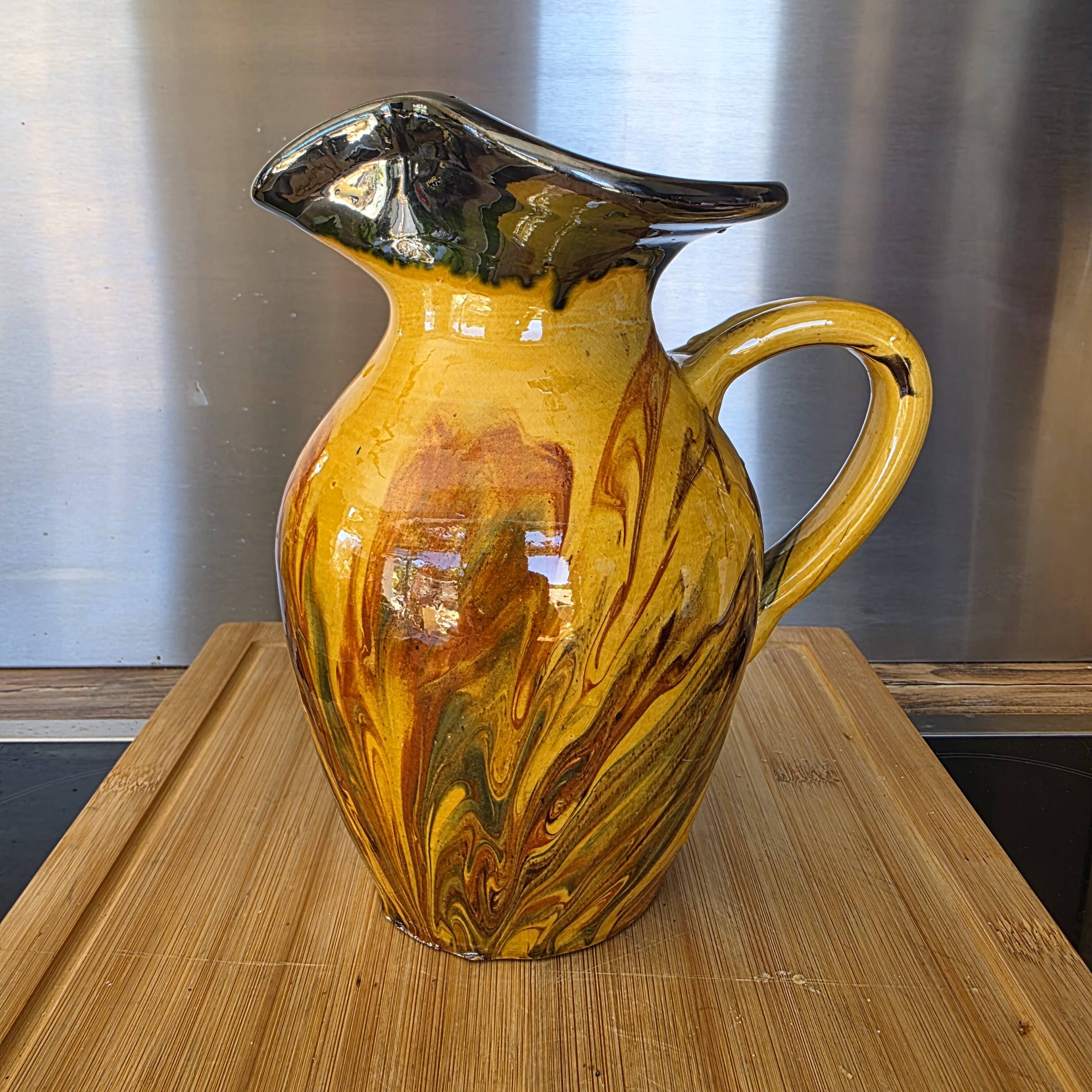 Large speckled vintage pitcher 21cm mixed clay enamelled in the Vallauris style