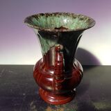 Vase adp céramique émaillée marron coulures vert bleu avec anses vintage