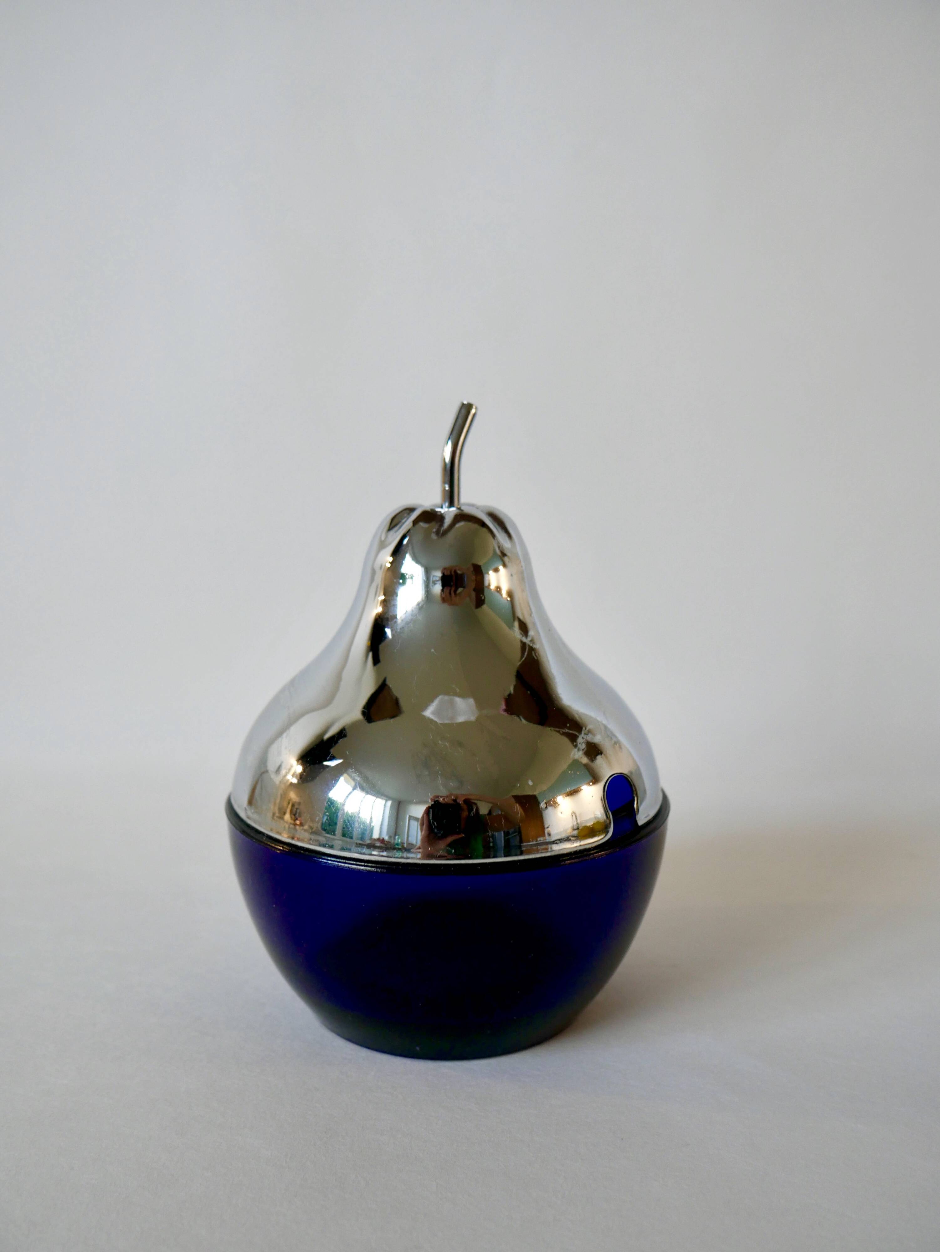 Pear butter dish in silver metal and blue glass from the 70s
