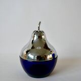 Pear butter dish in silver metal and blue glass from the 70s