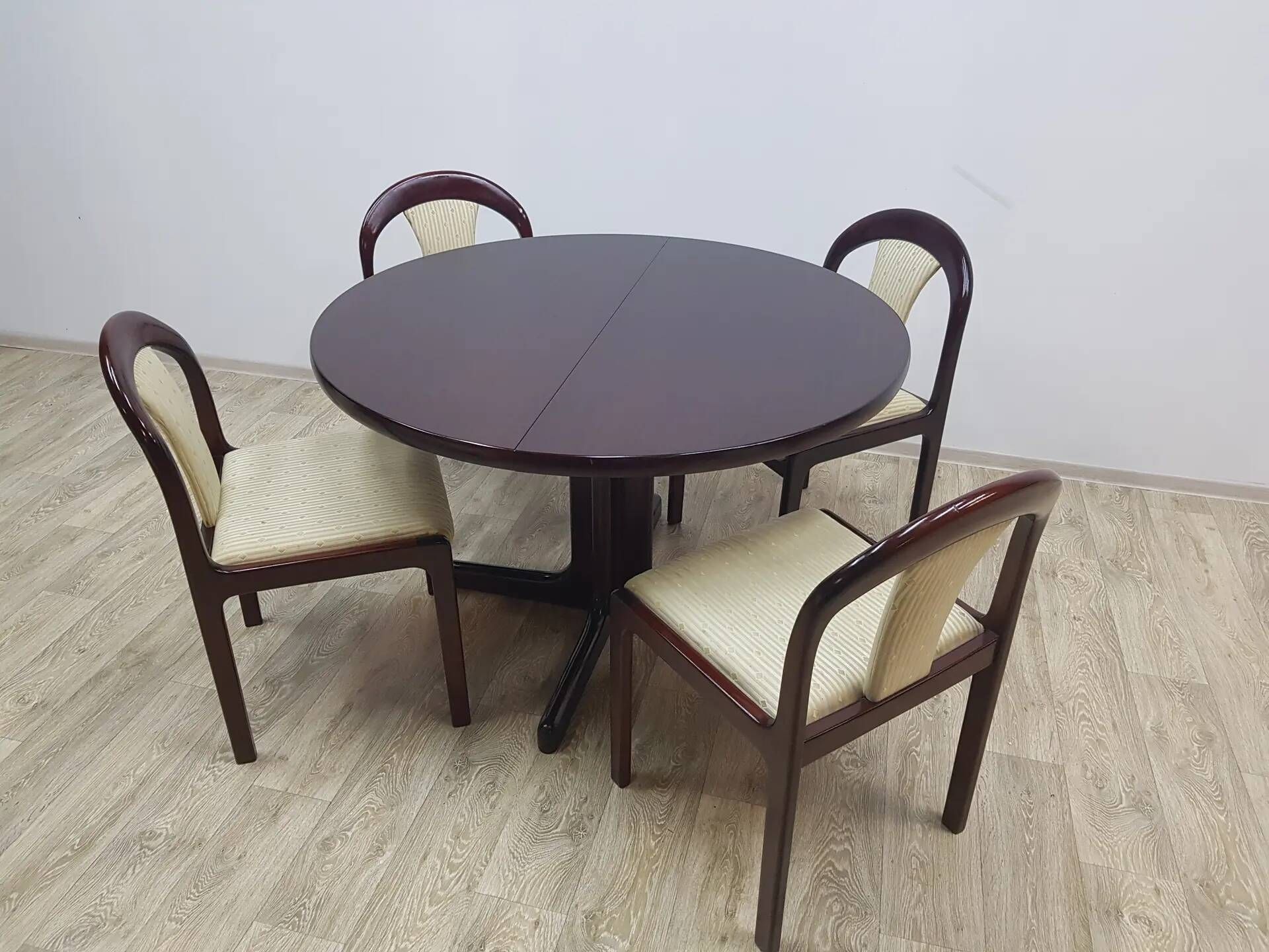 Dining set, brown mahogany, beige fabric, Lübke, Germany, 1960s.