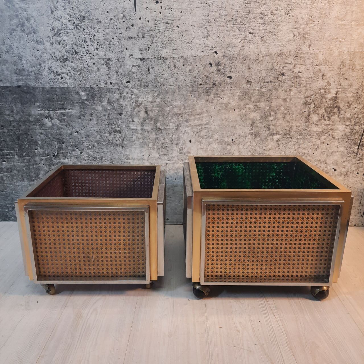 Planter, vintage storage with lightweight wheels, straw, brass and steel, hollywood regency