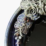 Round wall mirror in blue stoneware La Borne Catido floral decoration 1960 - Accidents