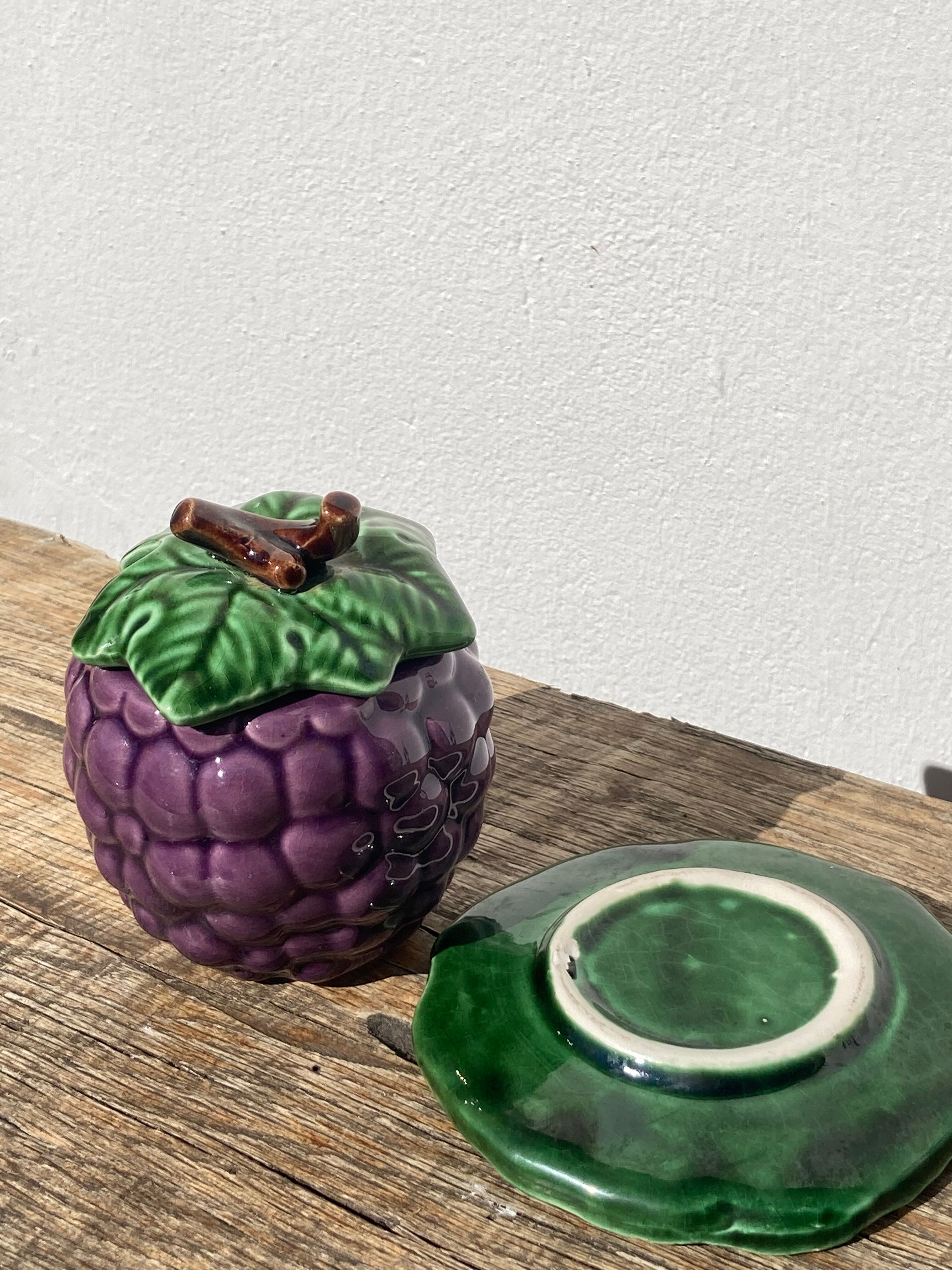 Sweet in Grape Slip or vintage jam maker, green and purple earthenware ceramics