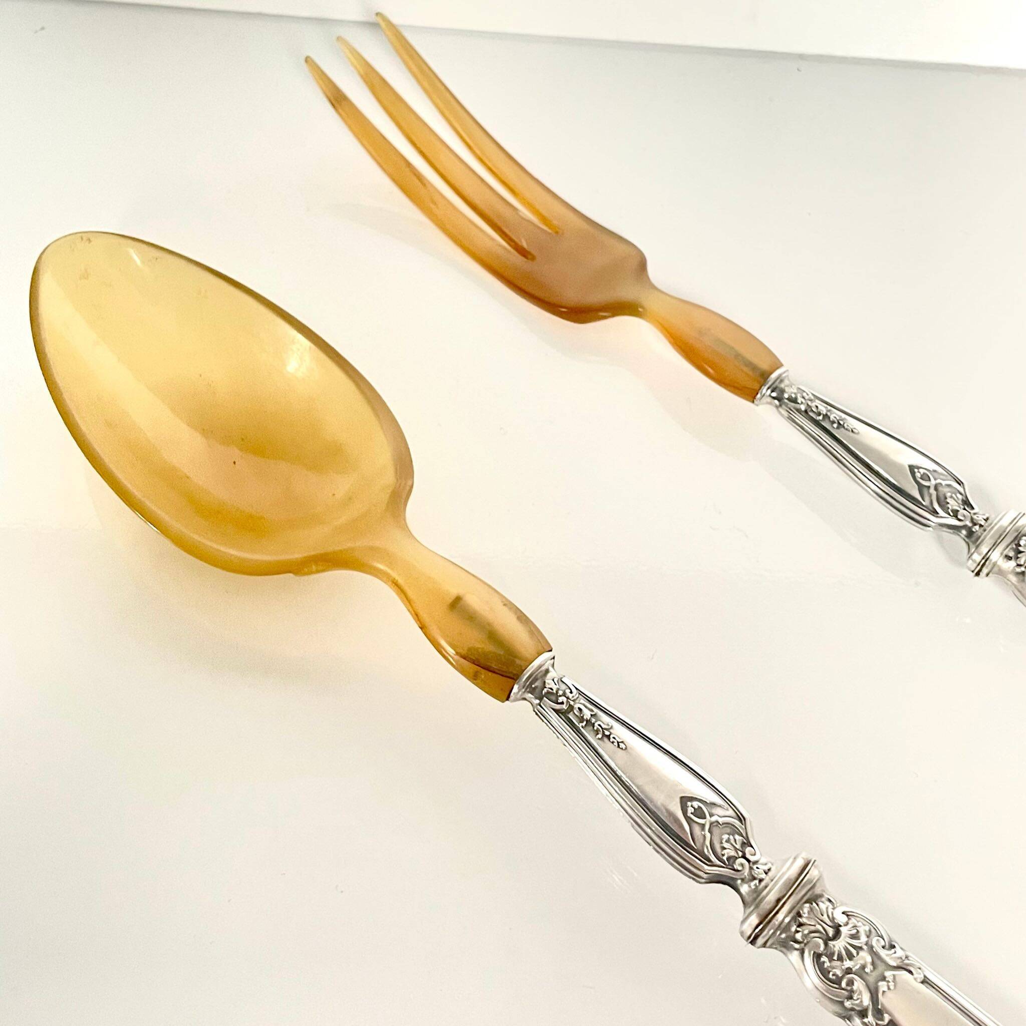 2 silver and horn salad servers