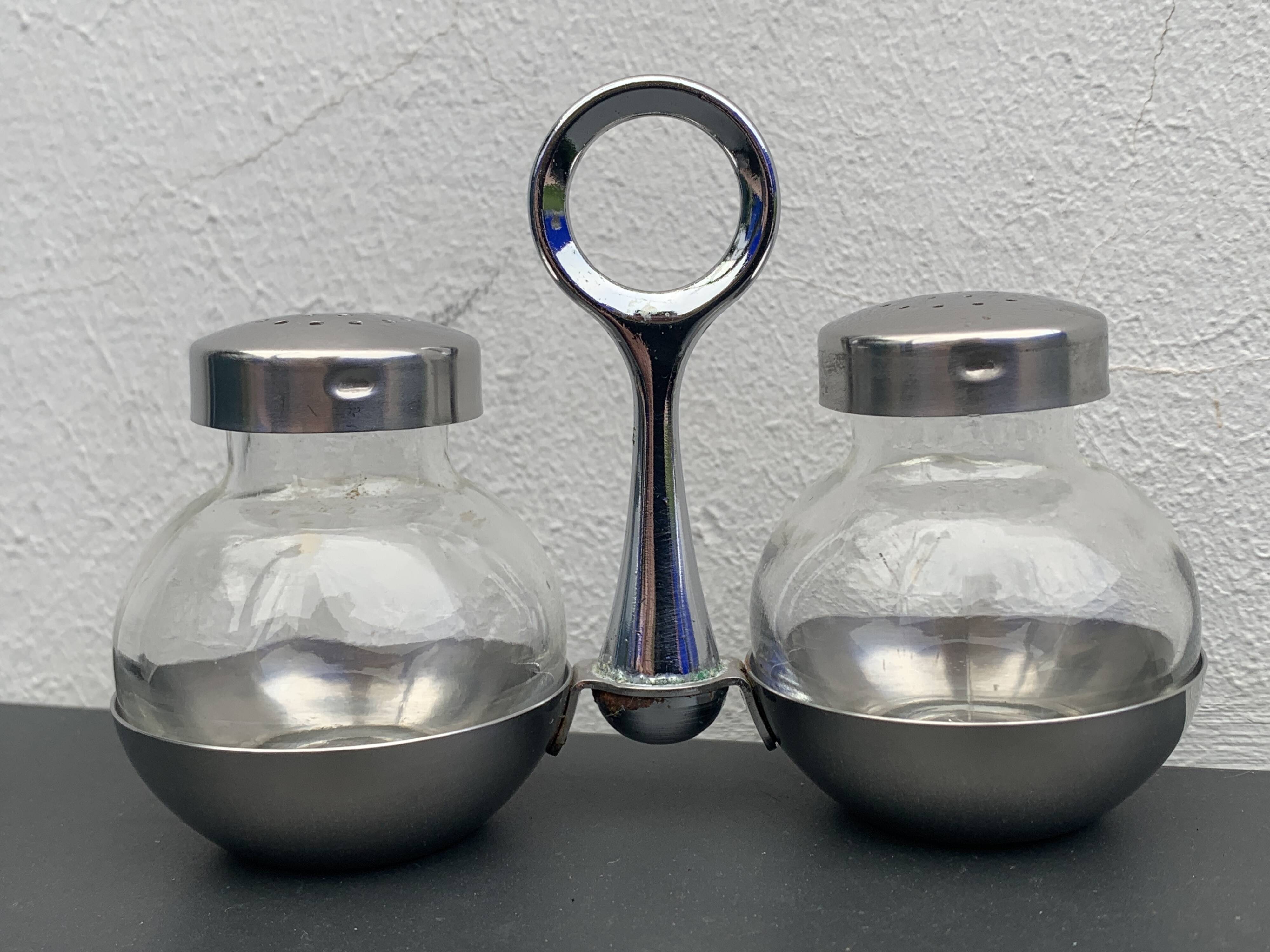 German salt and pepper shaker WMF in metal and glass, 1970