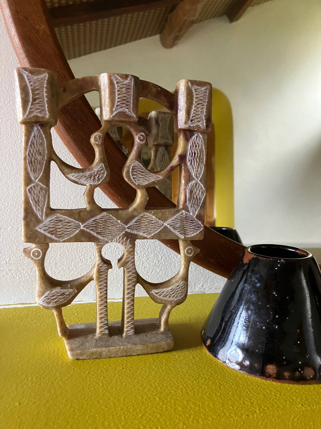 Vintage stone folk art candle holder