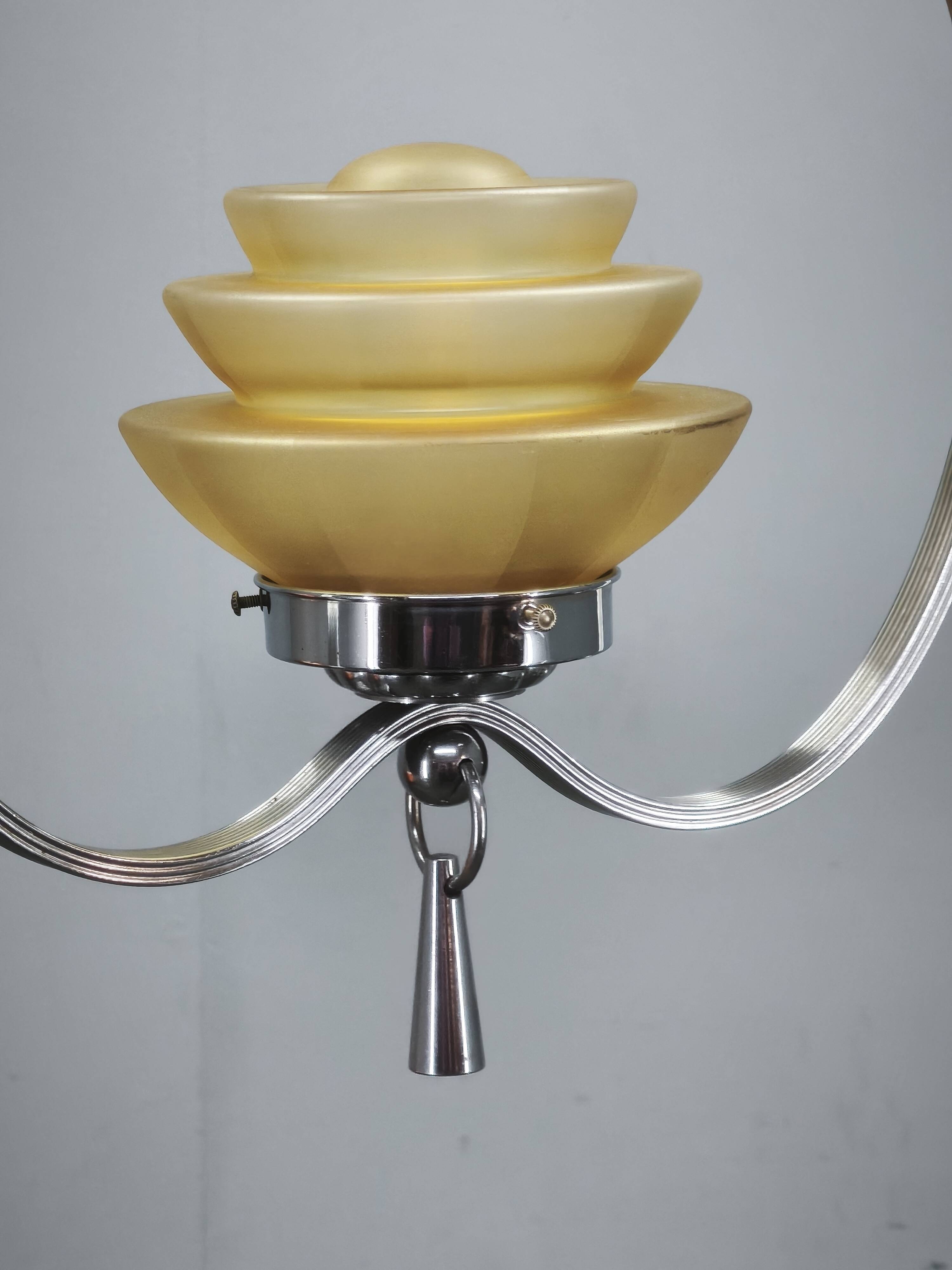 1930s Czech Art Deco Chrome and Frosted Glass Chandelier