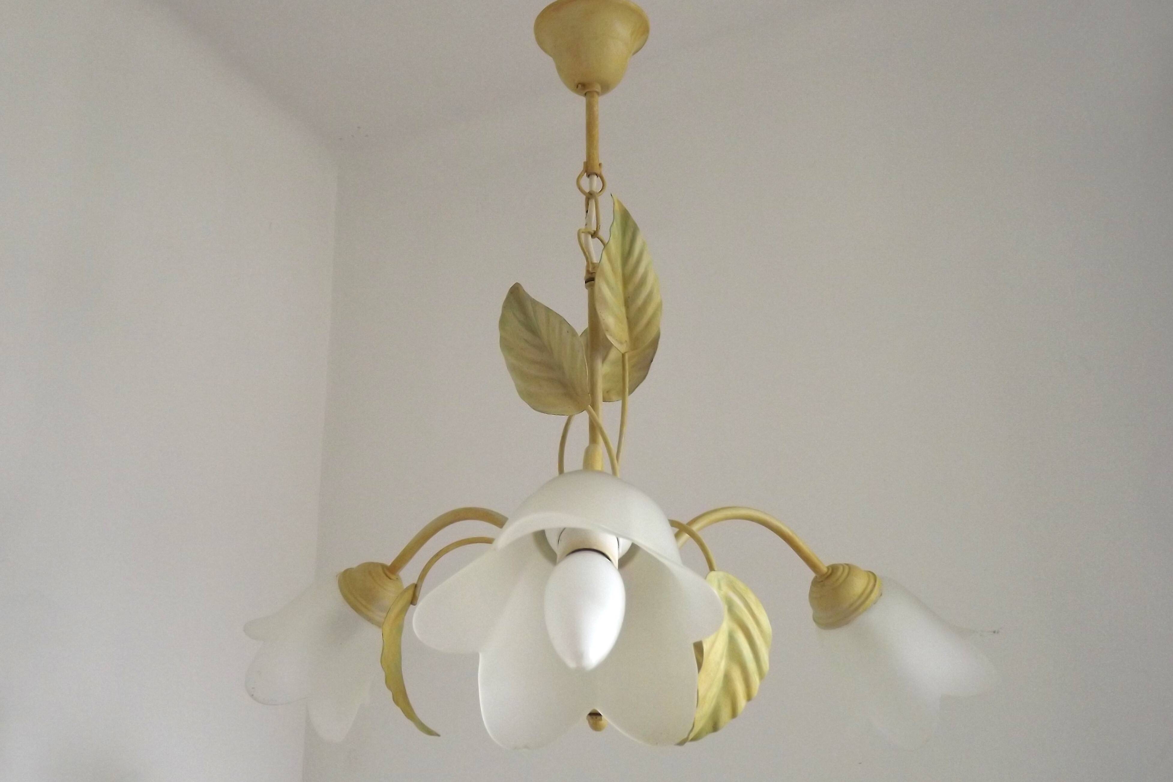 French vintage chandelier with 3 lights in leaf green metal and glass shades 5516