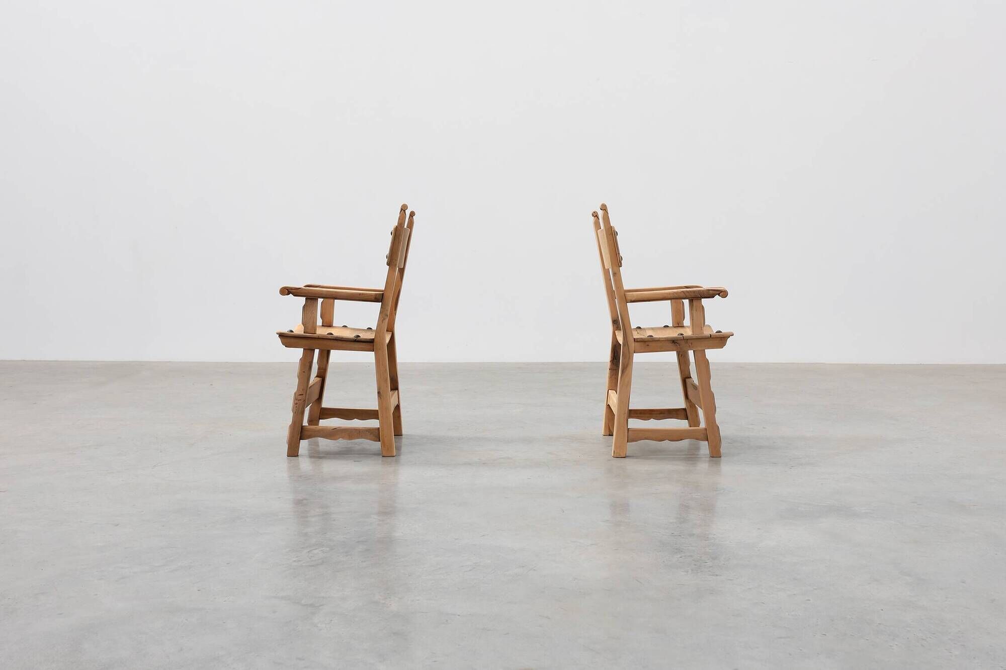 Pair of carved Brutalist Armchairs, Spain, 20th Century
