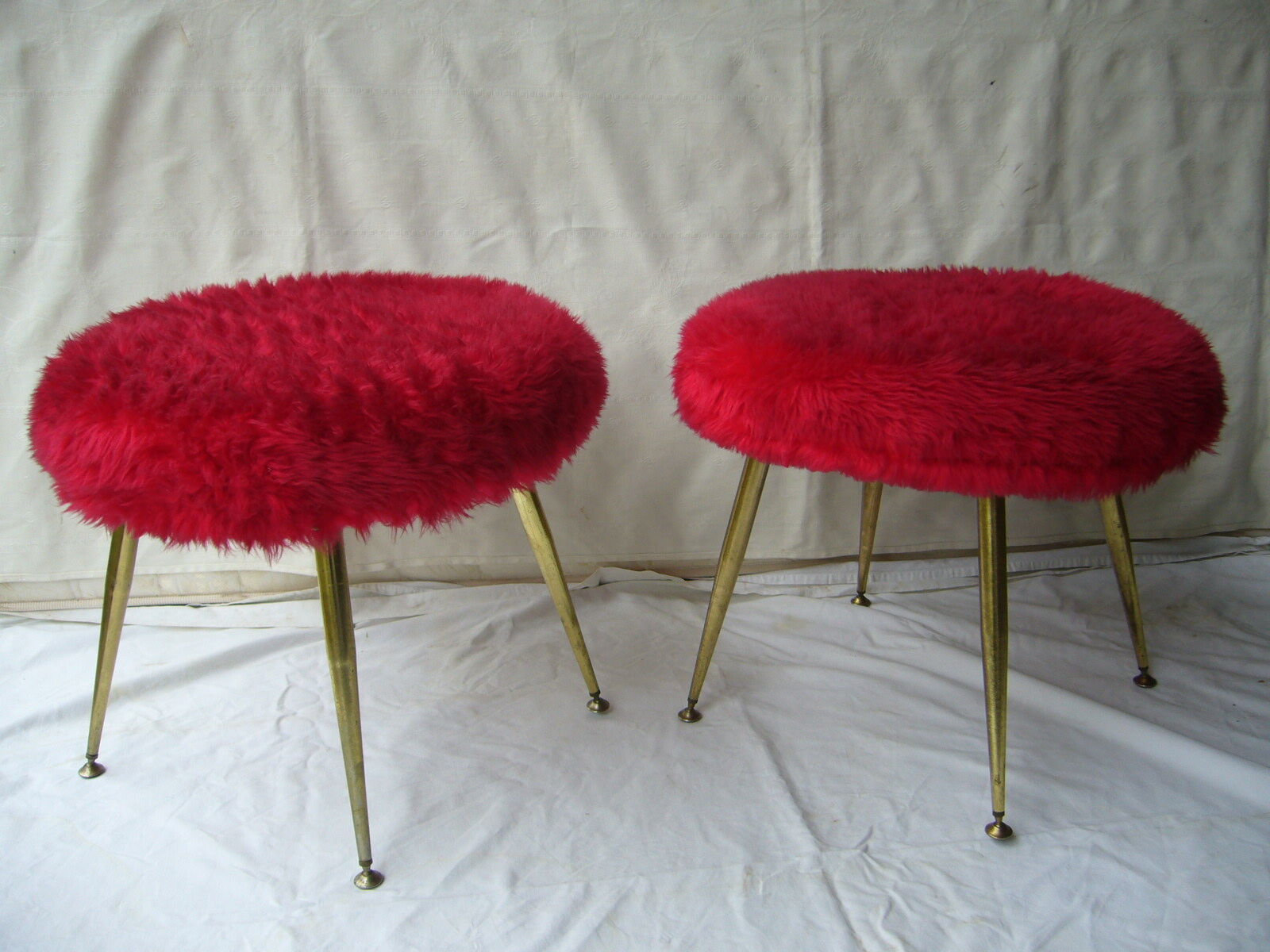 Pair of four-foot stools in vintage red moumoute