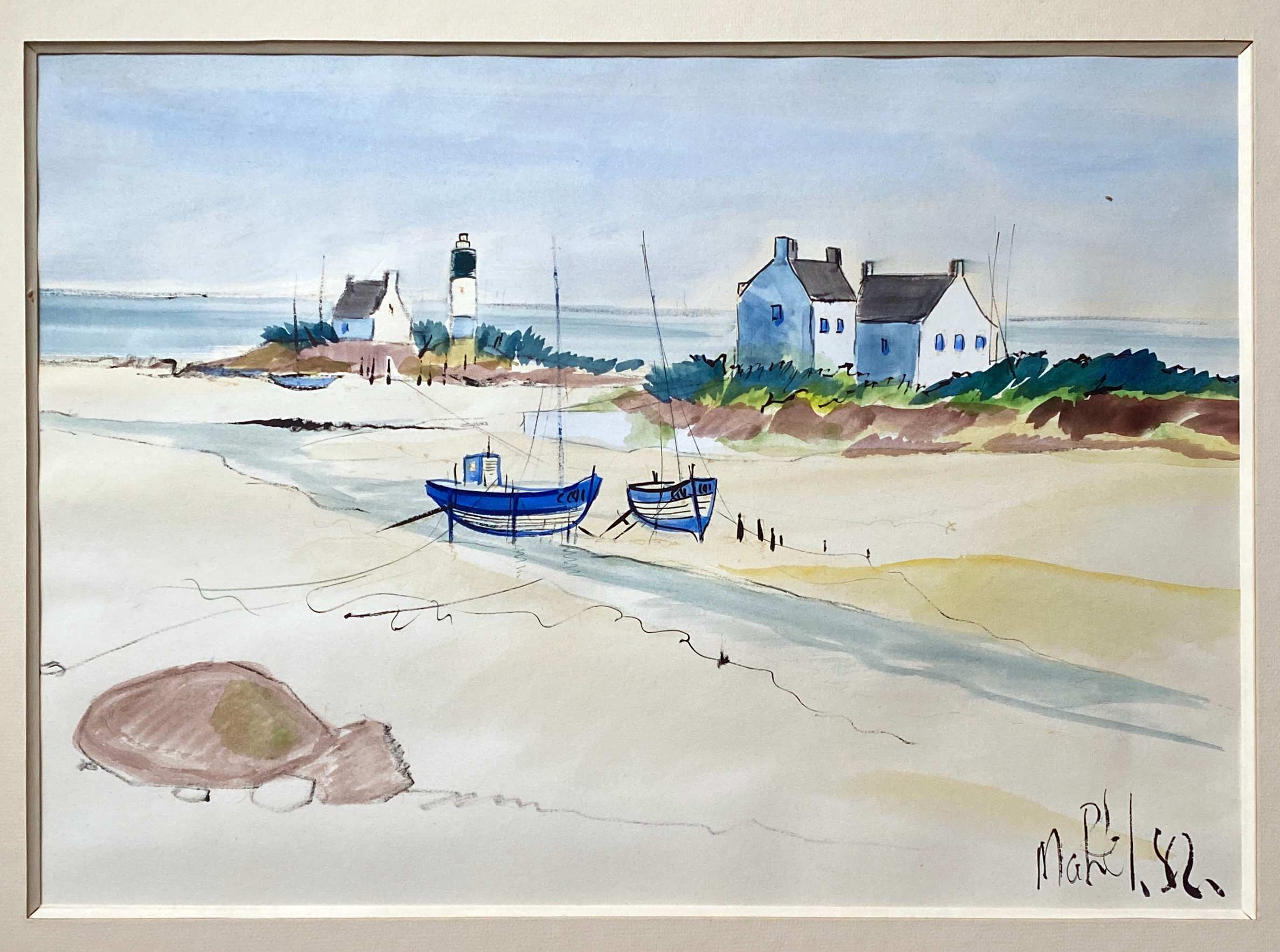 Watercolor painting "Breton Marine" seaside beach signed Mahel 82