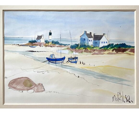 Tableau aquarelle "Marine bretonne" bord de mer plage signée Mahel 82 |  Selency